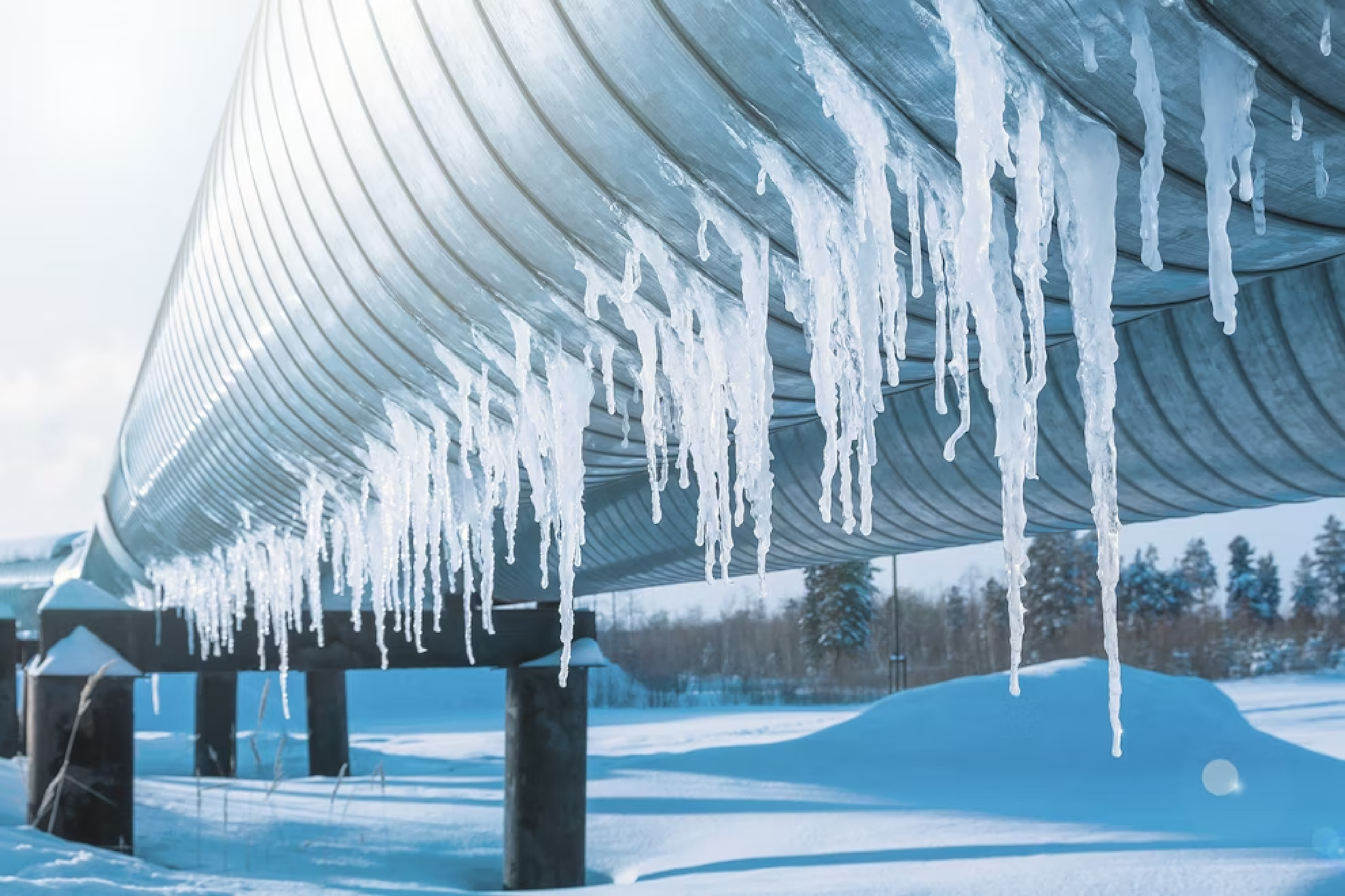 Ein breites Rohr in einer Winterlandschaft, von dem Eiszapfen hängen
