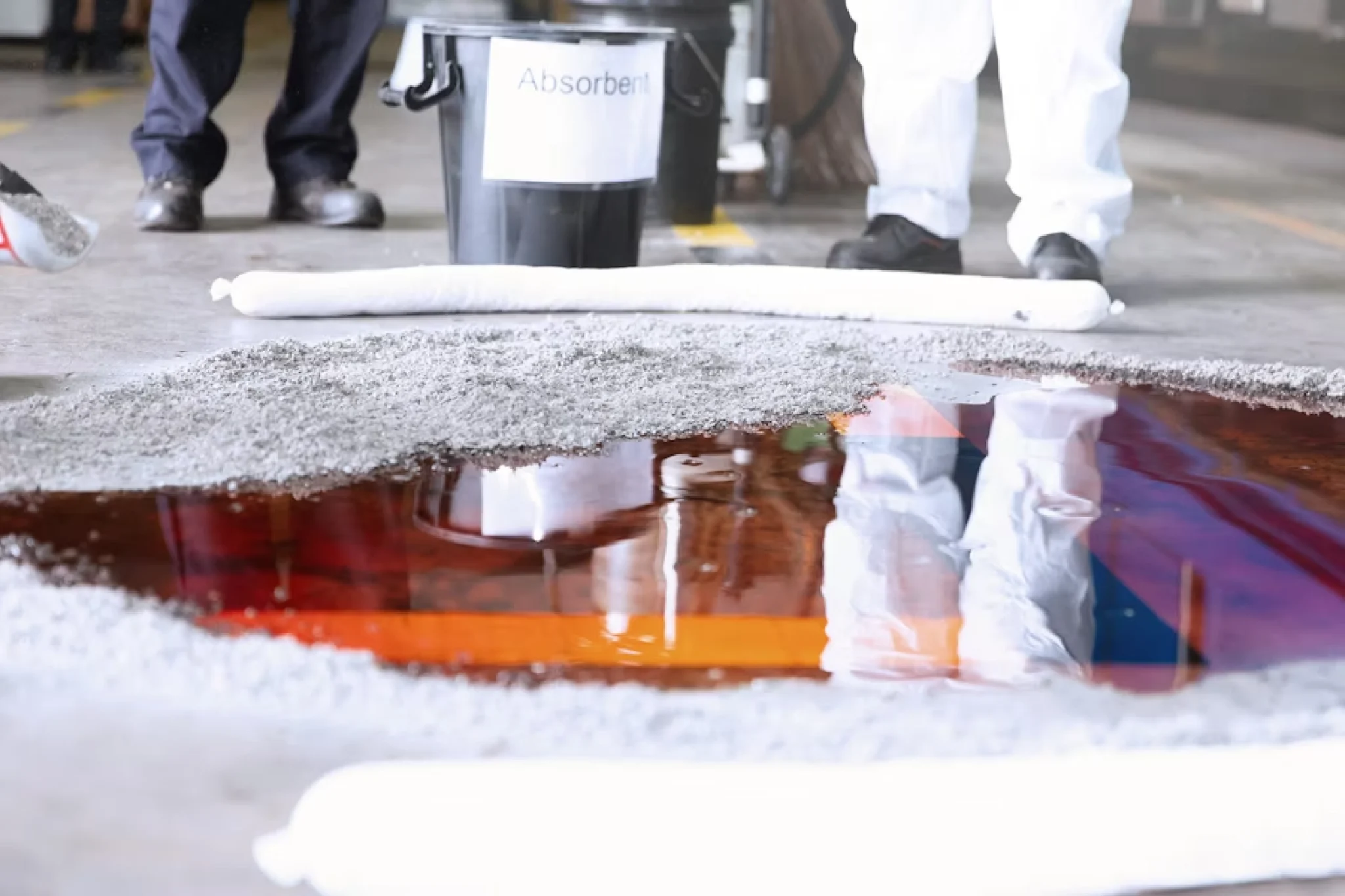 Eine Ölig Aussehende Lache, dahinter stehen zwei Personen