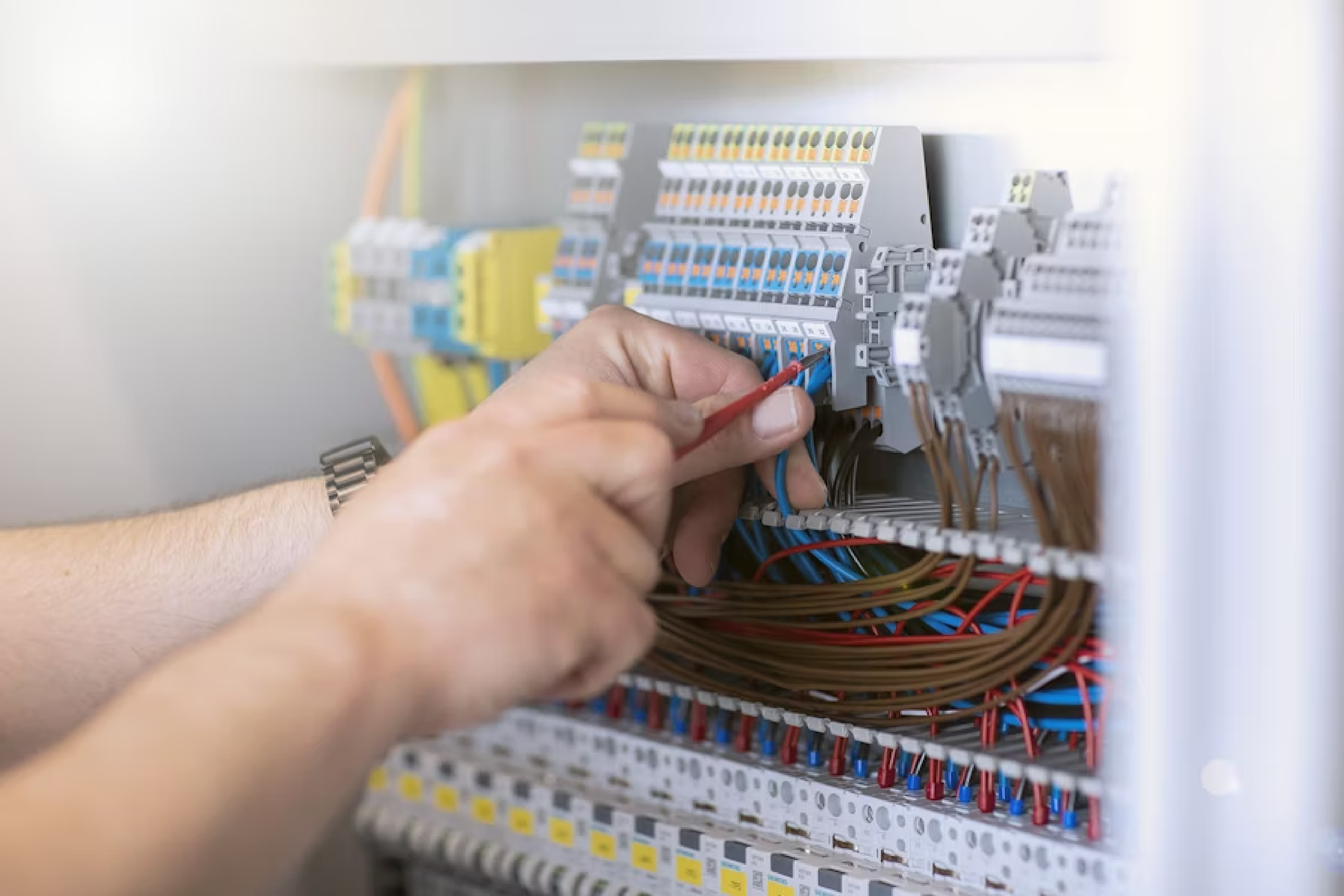 Eine Person baut an einem Schaltschrank
